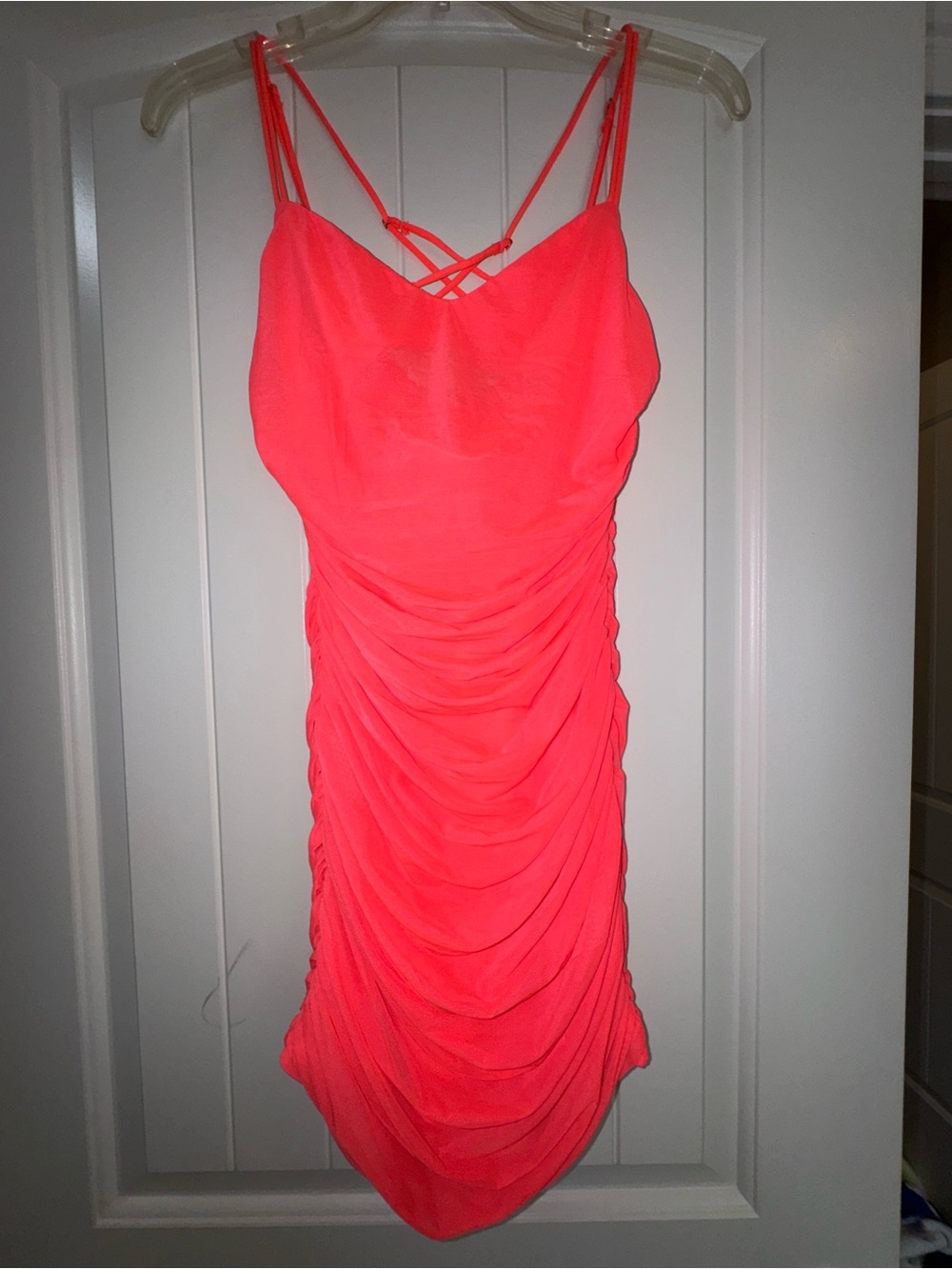 Lucy in the Sky Neon Coral Ruched Cowl Spaghetti-Strap Dress